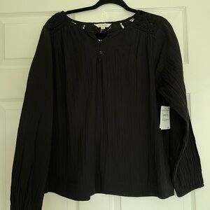 Lucky Brand NWT Black Pleated Long Sleeve w/crocheted detail Blouse size L
